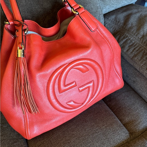 Excellent Conditions Authentic GUCCI Red/ Orange Leather Soho Tote Hand Bag - Picture 4 of 16
